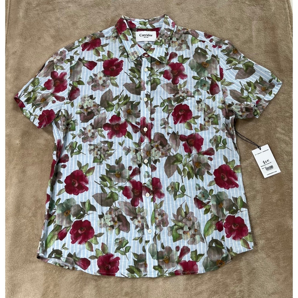 Corridor New York Shirt Men‎ 2XL Floral Linen Short Sleeve Button up Shirt New